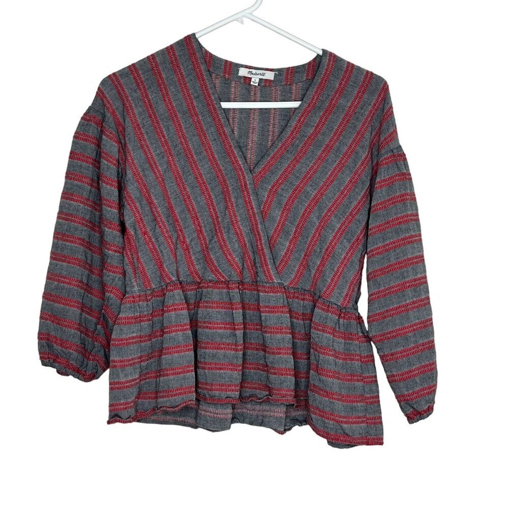 Madewell Striped Bubble-Sleeve Peplum‎ Top Gray Red Stripe Faux Wrap Size  Small
